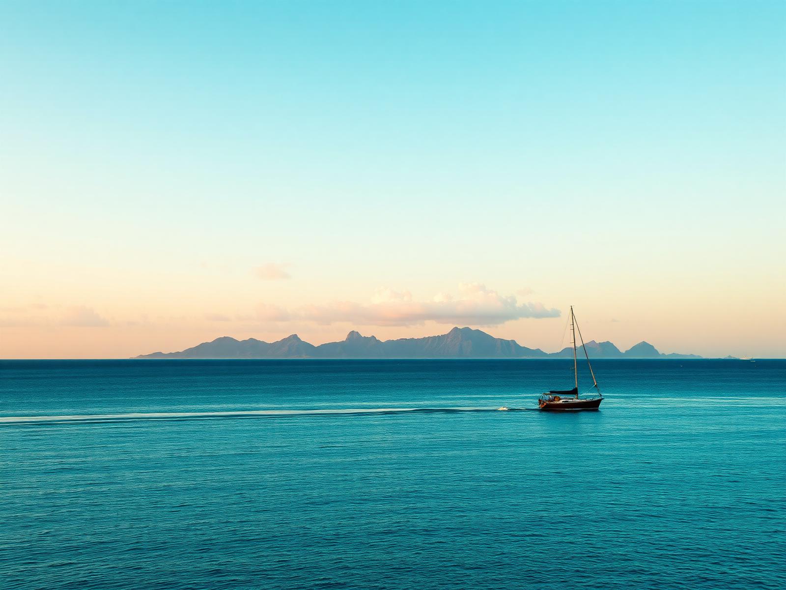 Calm teal ocean at golden hour with a small sailing boat — travel-inspired hero imagery